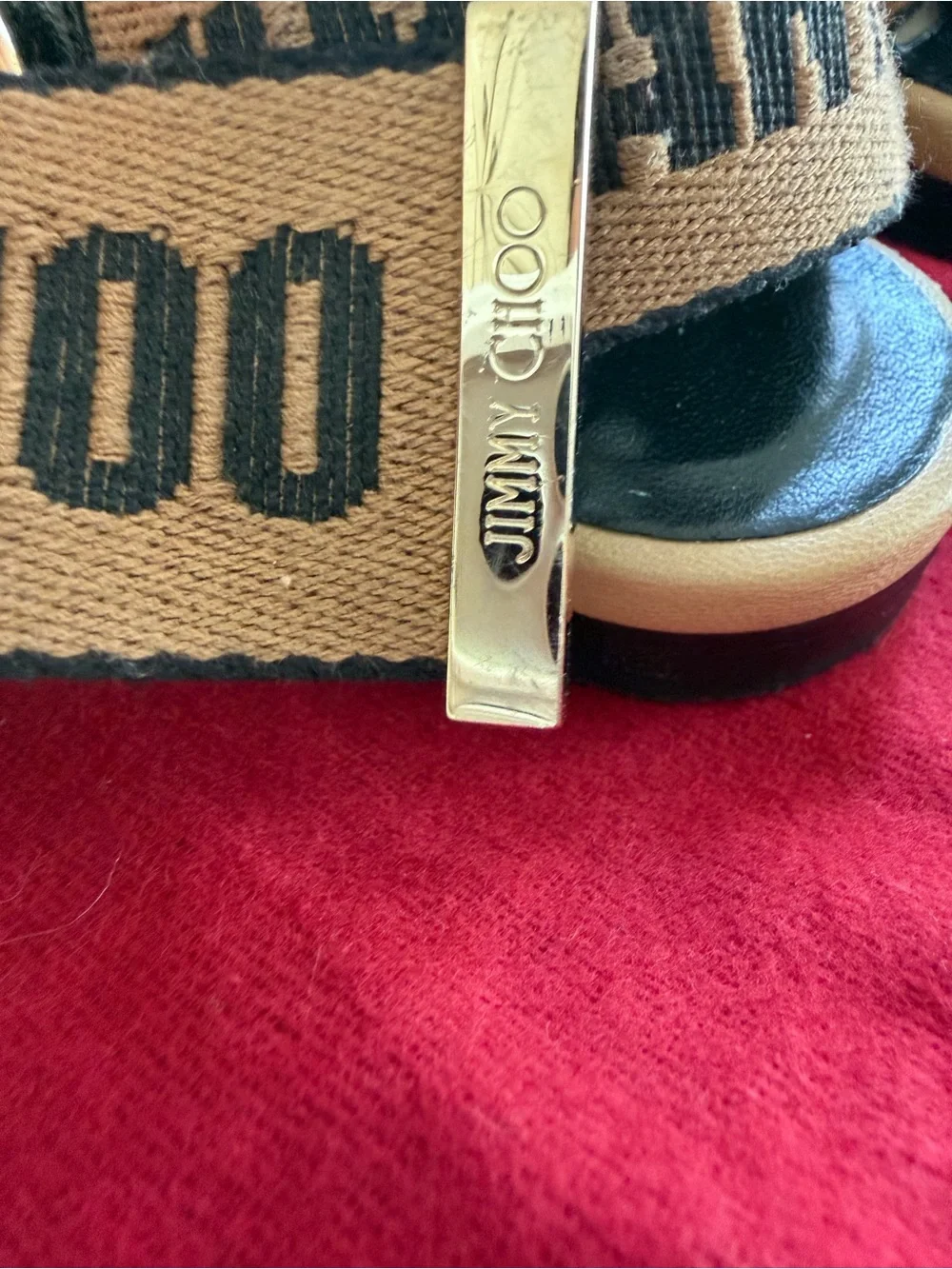 Jimmy Choo Black and Tan Logo Strap Flat Sandals size 7